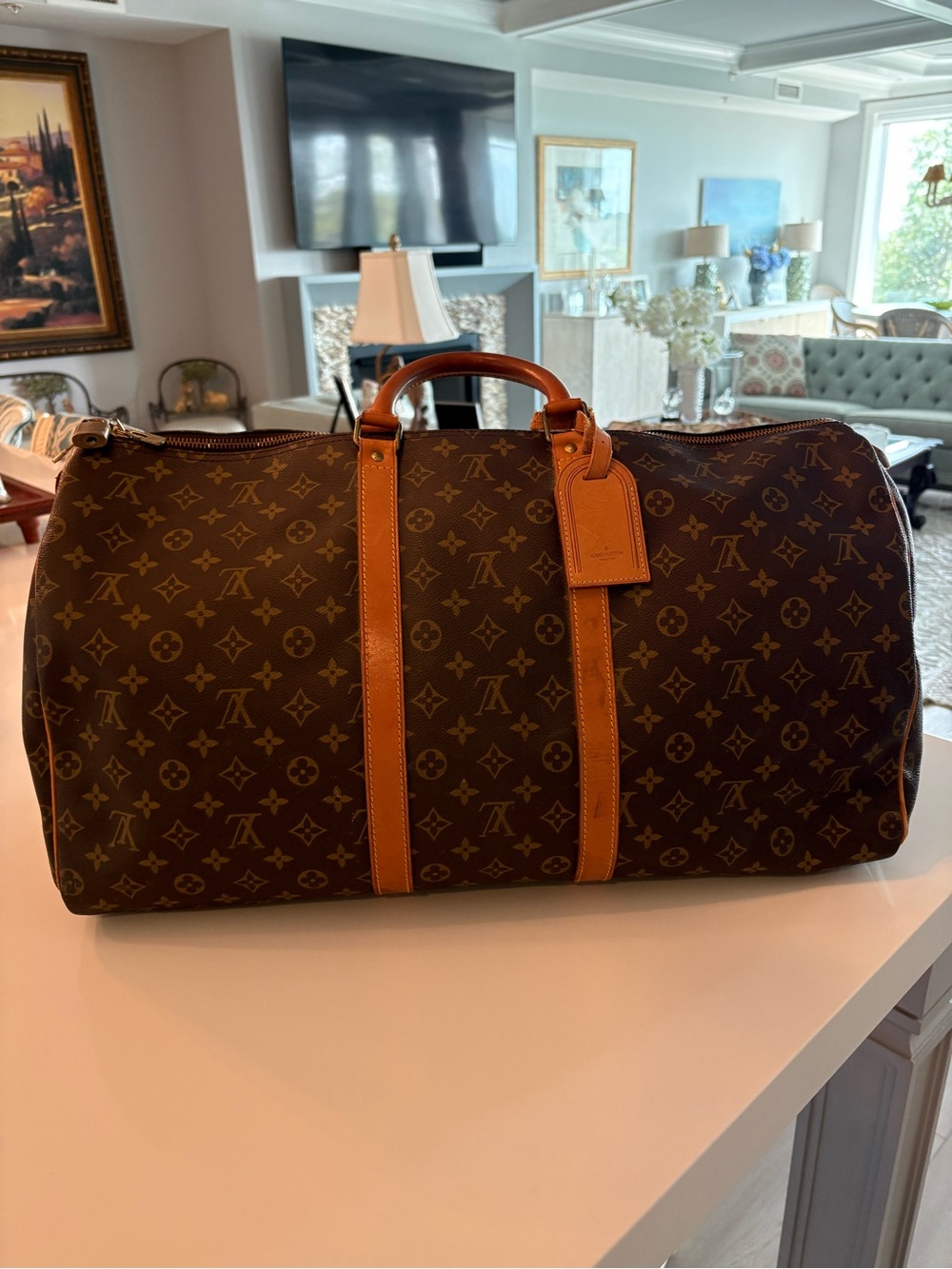 Louis Vuitton Monogram Boston bag keep all 55Canvas Duffel with Tan Leather Trim